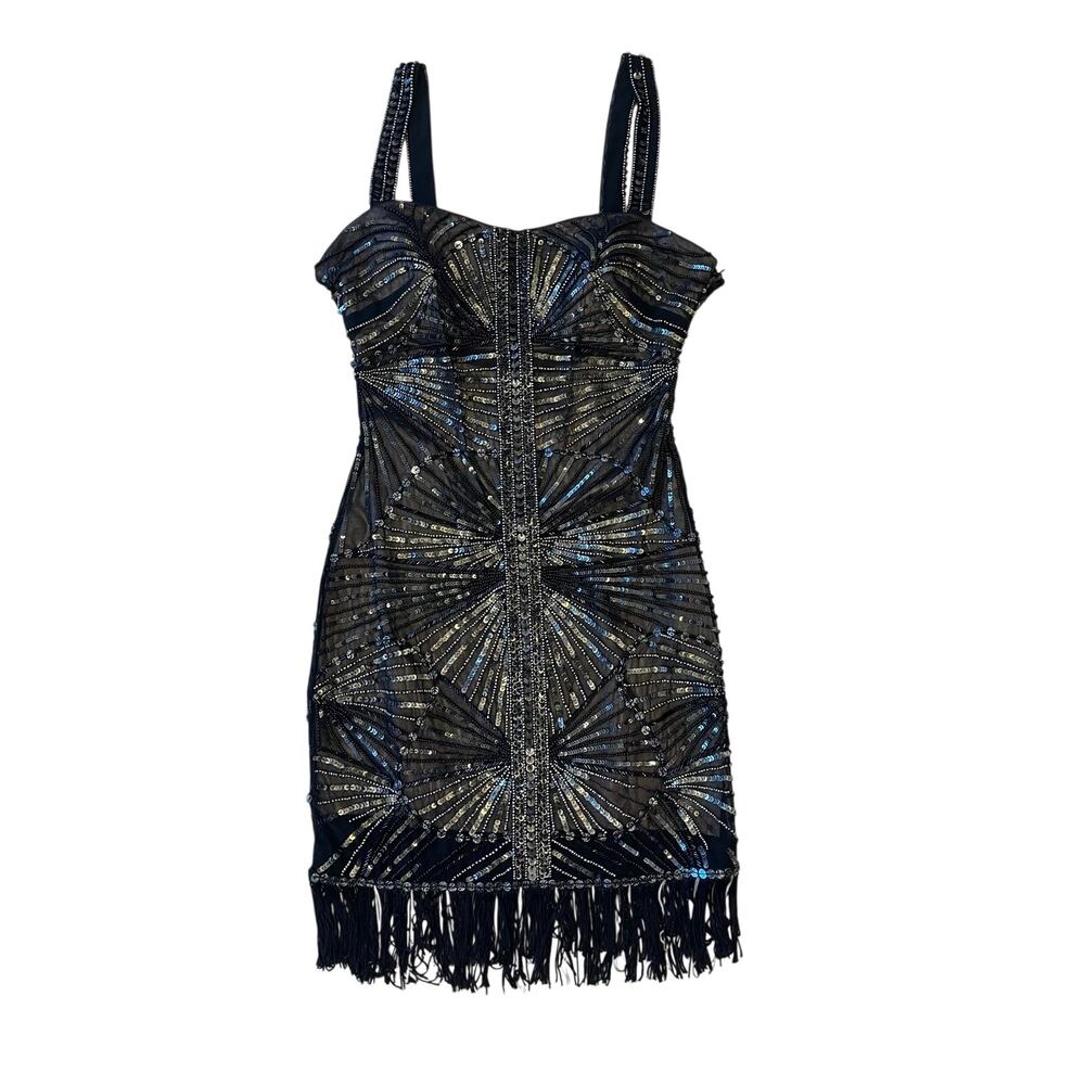 Bebe Black Beaded Sequin Fringe Bodycon Cocktail Dress Size S Gatsby Party Mini